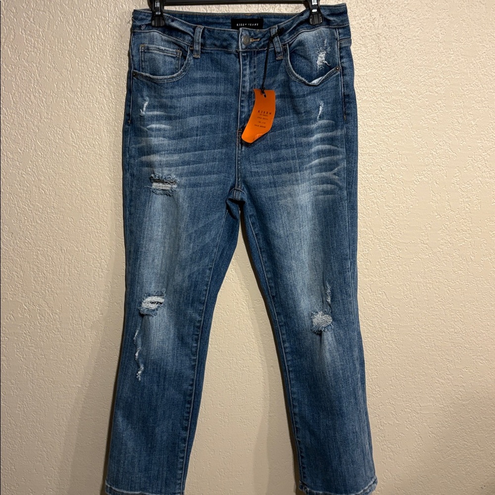 RISEN High-Rise Straight Distressed Ankle Frayed Jeans Denim Pants size 11 30